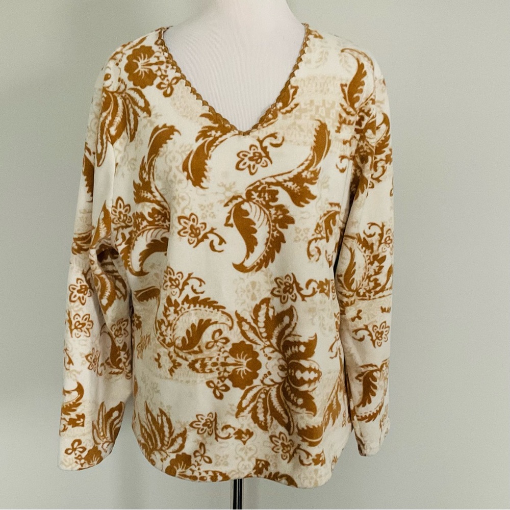 Coldwater Creek Women’s V Neck Long Sleeve Soft Plush Sweater Tan Paisley SZ 1X